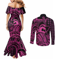 Koa Ikaika Warrior Helmet with Shark Couples Matching Mermaid Dress and Long Sleeve Button Shirt Pink Kakau Style