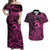 Koa Ikaika Warrior Helmet with Shark Couples Matching Off Shoulder Maxi Dress and Hawaiian Shirt Pink Kakau Style