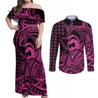 Koa Ikaika Warrior Helmet with Shark Couples Matching Off Shoulder Maxi Dress and Long Sleeve Button Shirt Pink Kakau Style LT9 Pink - Polynesian Pride