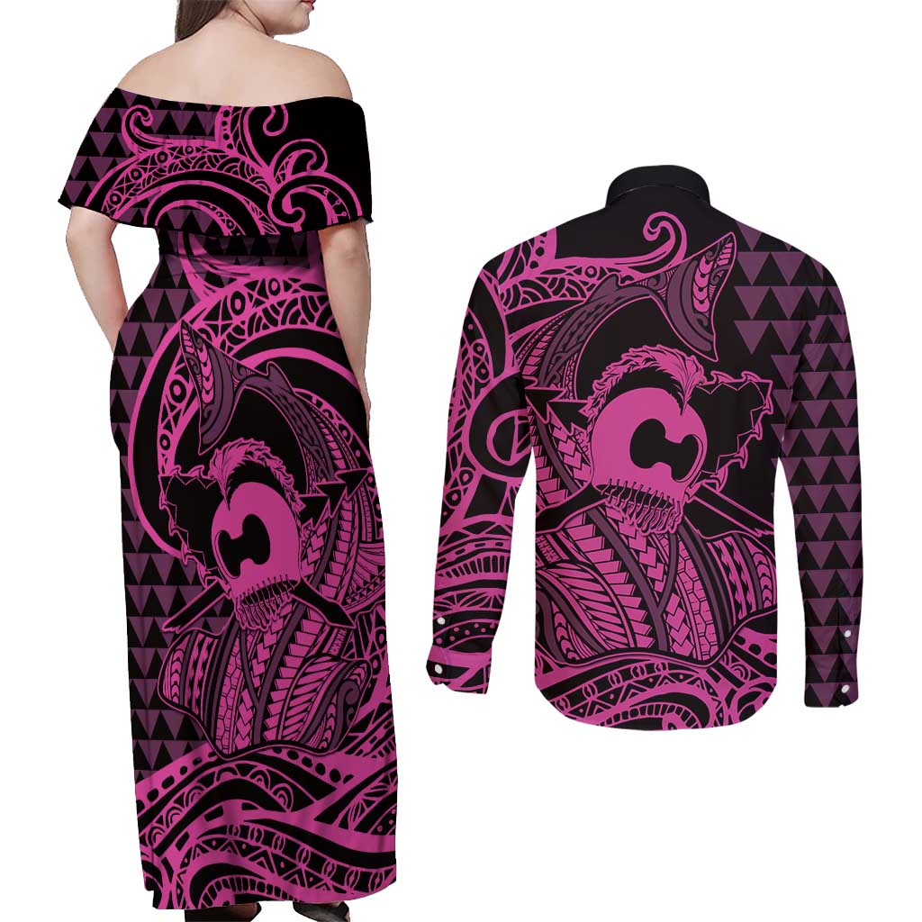 Koa Ikaika Warrior Helmet with Shark Couples Matching Off Shoulder Maxi Dress and Long Sleeve Button Shirt Pink Kakau Style LT9 - Polynesian Pride