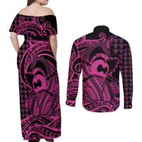 Koa Ikaika Warrior Helmet with Shark Couples Matching Off Shoulder Maxi Dress and Long Sleeve Button Shirt Pink Kakau Style LT9 - Polynesian Pride