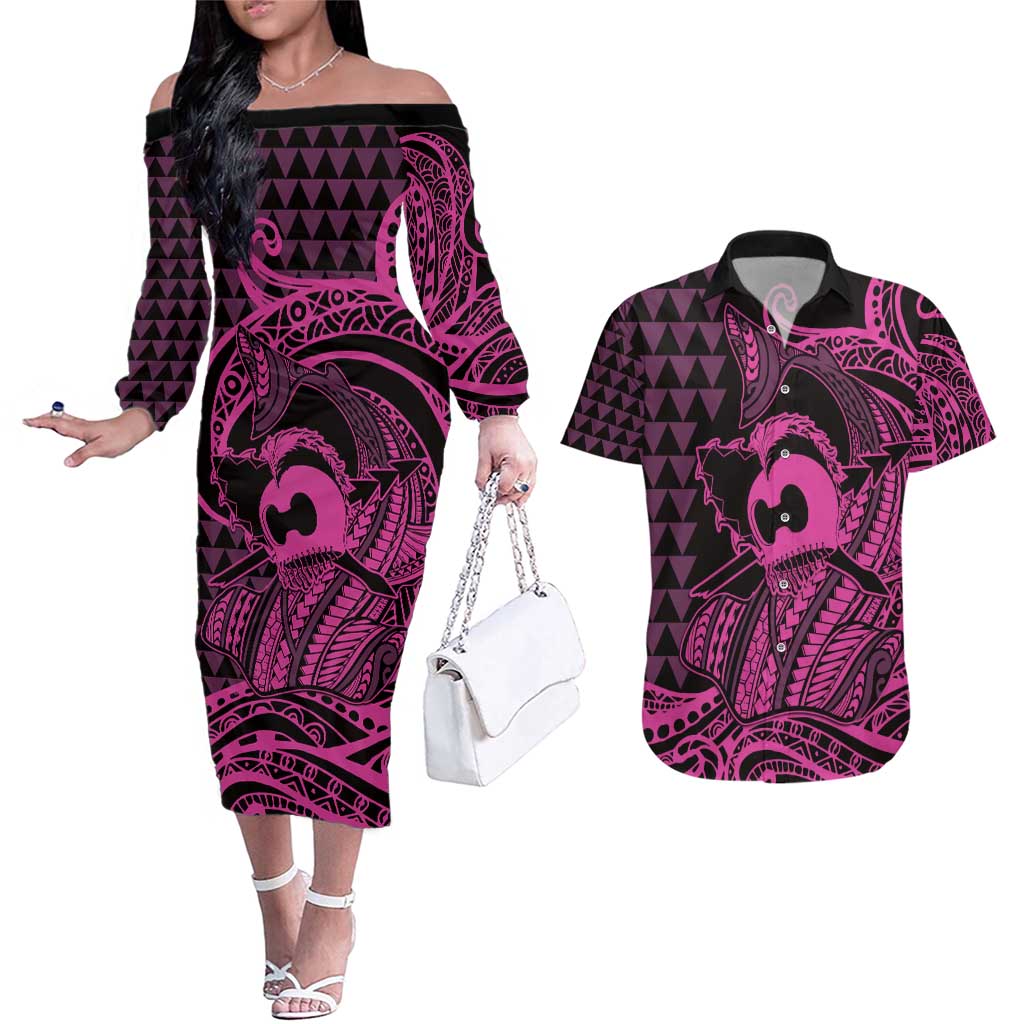 Koa Ikaika Warrior Helmet with Shark Couples Matching Off The Shoulder Long Sleeve Dress and Hawaiian Shirt Pink Kakau Style LT9 Pink - Polynesian Pride