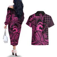 Koa Ikaika Warrior Helmet with Shark Couples Matching Off The Shoulder Long Sleeve Dress and Hawaiian Shirt Pink Kakau Style LT9 - Polynesian Pride