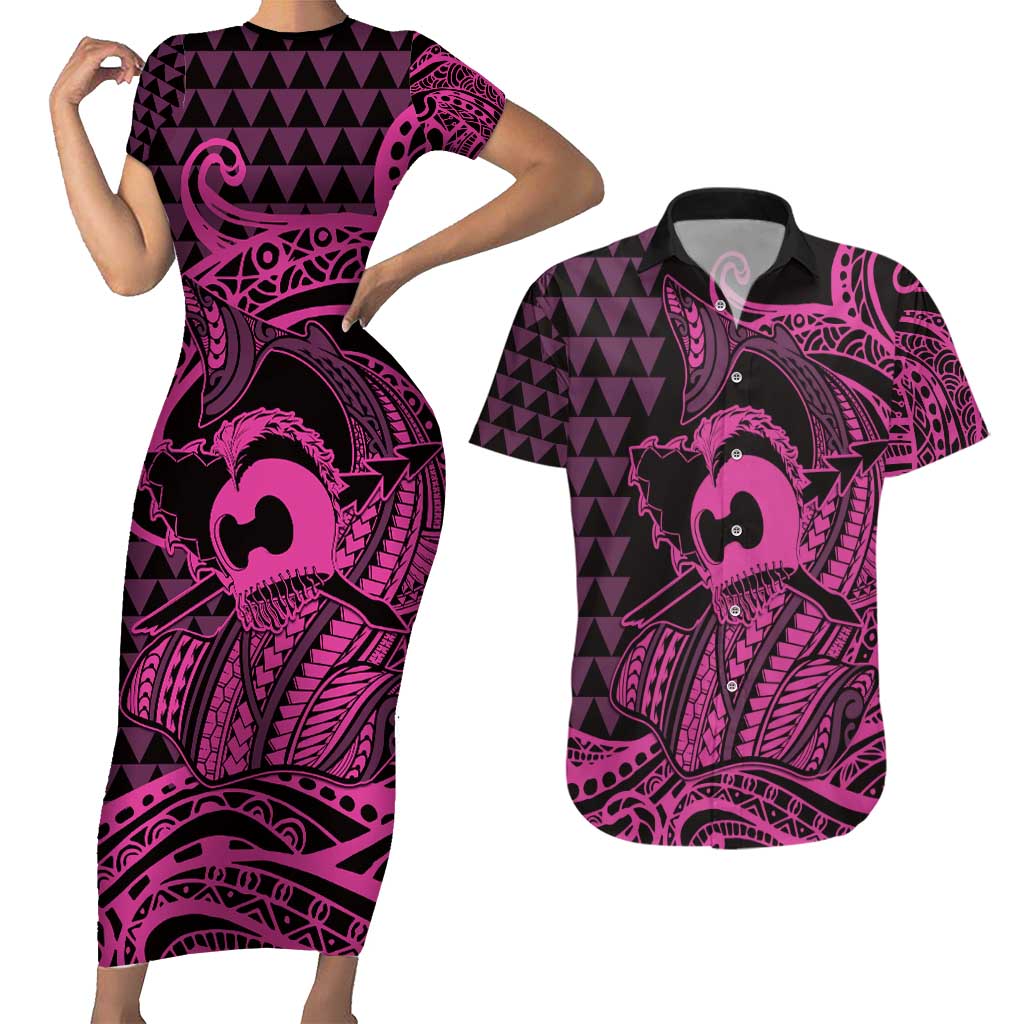 Koa Ikaika Warrior Helmet with Shark Couples Matching Short Sleeve Bodycon Dress and Hawaiian Shirt Pink Kakau Style