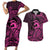 Koa Ikaika Warrior Helmet with Shark Couples Matching Short Sleeve Bodycon Dress and Hawaiian Shirt Pink Kakau Style