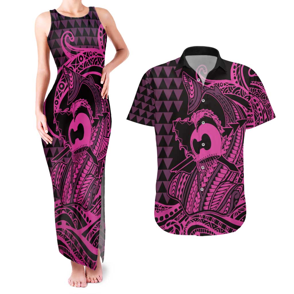 Koa Ikaika Warrior Helmet with Shark Couples Matching Tank Maxi Dress and Hawaiian Shirt Pink Kakau Style