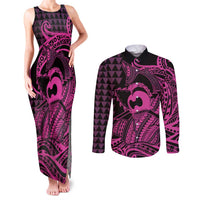 Koa Ikaika Warrior Helmet with Shark Couples Matching Tank Maxi Dress and Long Sleeve Button Shirt Pink Kakau Style LT9 Pink - Polynesian Pride