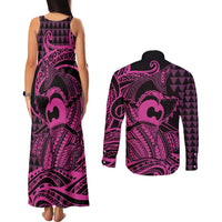 Koa Ikaika Warrior Helmet with Shark Couples Matching Tank Maxi Dress and Long Sleeve Button Shirt Pink Kakau Style LT9 - Polynesian Pride