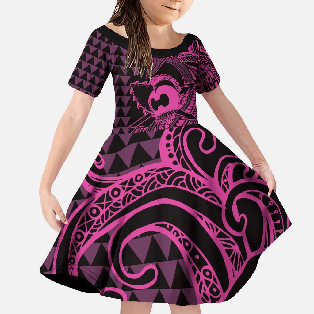 Koa Ikaika Warrior Helmet with Shark Family Matching Long Sleeve Bodycon Dress and Hawaiian Shirt Pink Kakau Style LT9 Daughter's Dress Pink - Polynesian Pride