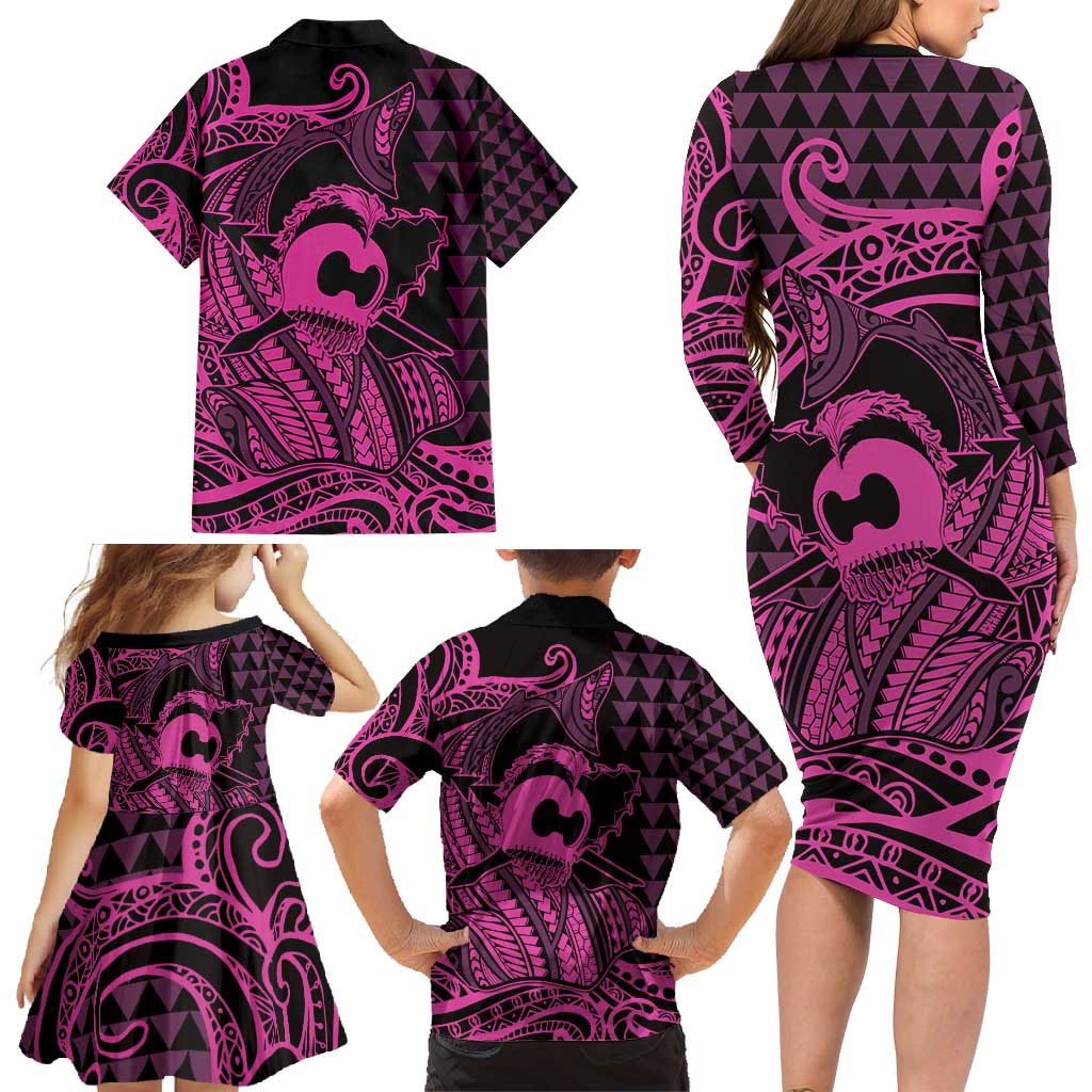 Koa Ikaika Warrior Helmet with Shark Family Matching Long Sleeve Bodycon Dress and Hawaiian Shirt Pink Kakau Style LT9 - Polynesian Pride
