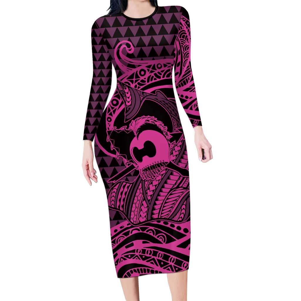Koa Ikaika Warrior Helmet with Shark Family Matching Long Sleeve Bodycon Dress and Hawaiian Shirt Pink Kakau Style LT9 Mom's Dress Pink - Polynesian Pride