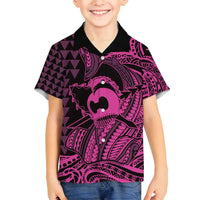 Koa Ikaika Warrior Helmet with Shark Family Matching Long Sleeve Bodycon Dress and Hawaiian Shirt Pink Kakau Style LT9 Son's Shirt Pink - Polynesian Pride