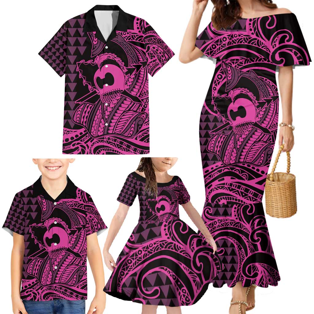 Koa Ikaika Warrior Helmet with Shark Family Matching Mermaid Dress and Hawaiian Shirt Pink Kakau Style
