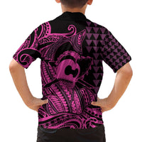 Koa Ikaika Warrior Helmet with Shark Family Matching Off The Shoulder Long Sleeve Dress and Hawaiian Shirt Pink Kakau Style LT9 - Polynesian Pride