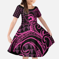 Koa Ikaika Warrior Helmet with Shark Family Matching Off The Shoulder Long Sleeve Dress and Hawaiian Shirt Pink Kakau Style LT9 Daughter's Dress Pink - Polynesian Pride