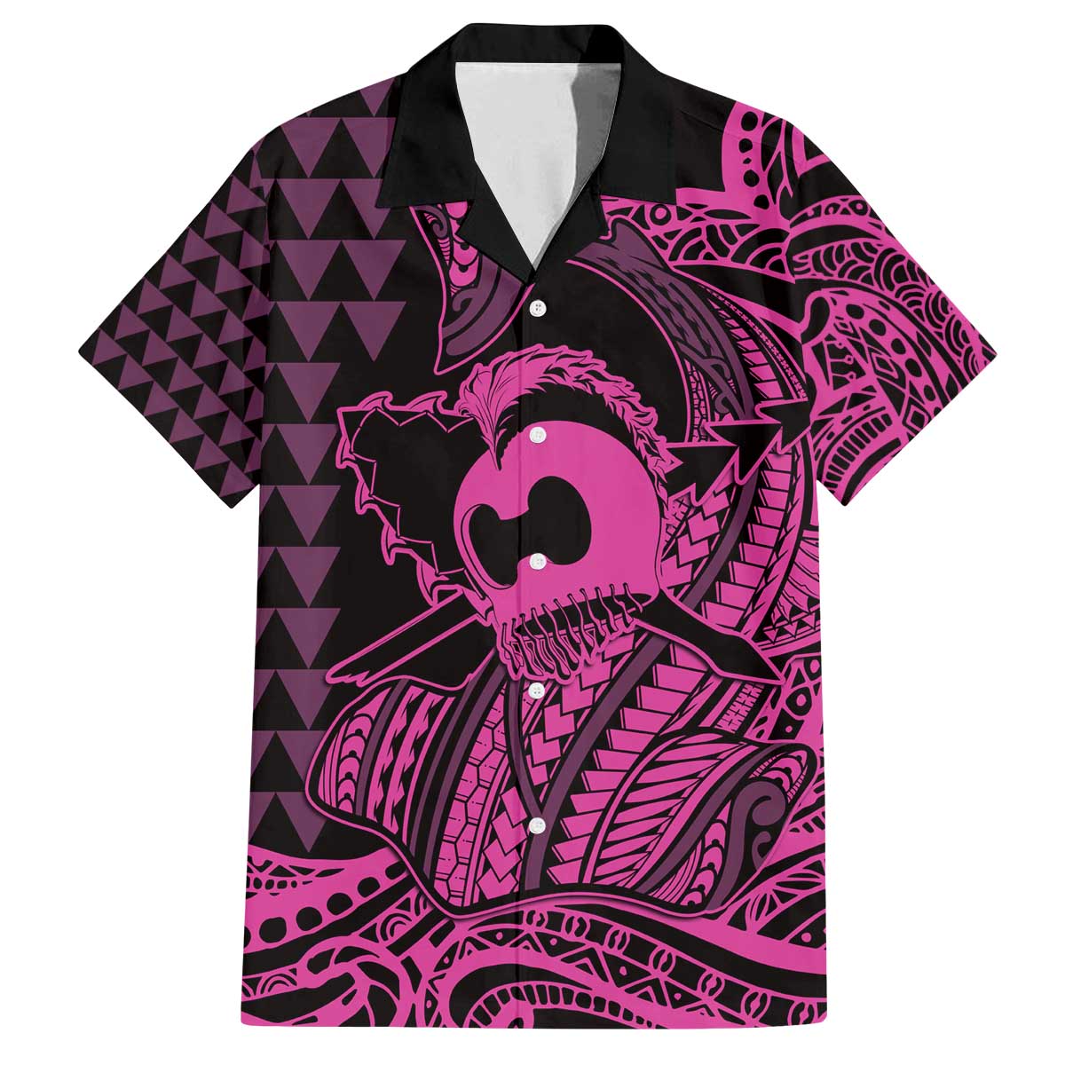 Koa Ikaika Warrior Helmet with Shark Family Matching Off The Shoulder Long Sleeve Dress and Hawaiian Shirt Pink Kakau Style LT9 Dad's Shirt - Short Sleeve Pink - Polynesian Pride
