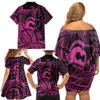 Koa Ikaika Warrior Helmet with Shark Family Matching Off Shoulder Short Dress and Hawaiian Shirt Pink Kakau Style