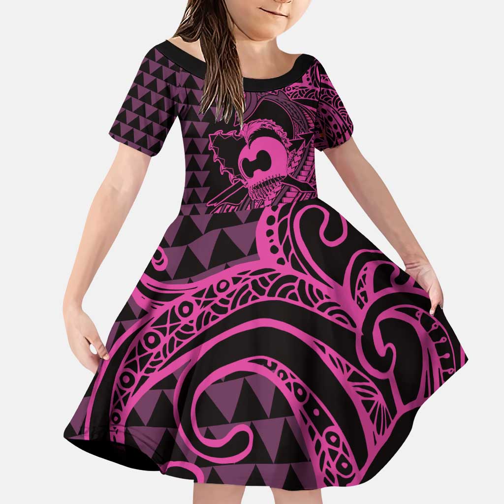 Koa Ikaika Warrior Helmet with Shark Family Matching Puletasi and Hawaiian Shirt Pink Kakau Style LT9 Daughter's Dress Pink - Polynesian Pride