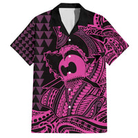 Koa Ikaika Warrior Helmet with Shark Family Matching Puletasi and Hawaiian Shirt Pink Kakau Style LT9 Dad's Shirt - Short Sleeve Pink - Polynesian Pride