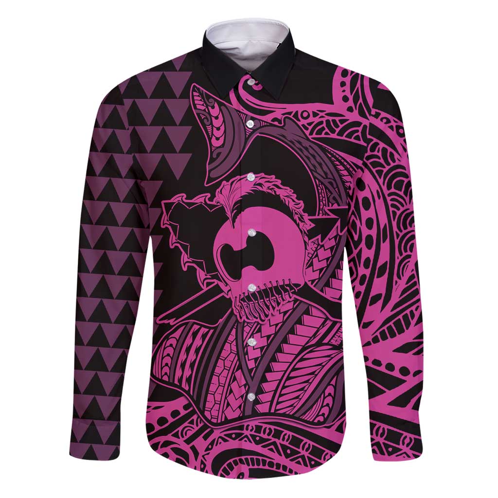 Koa Ikaika Warrior Helmet with Shark Family Matching Puletasi and Hawaiian Shirt Pink Kakau Style LT9 Dad's Shirt - Long Sleeve Pink - Polynesian Pride