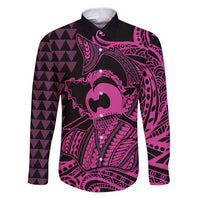 Koa Ikaika Warrior Helmet with Shark Family Matching Puletasi and Hawaiian Shirt Pink Kakau Style LT9 Dad's Shirt - Long Sleeve Pink - Polynesian Pride