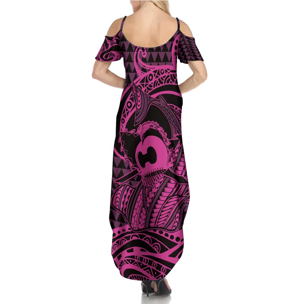 Koa Ikaika Warrior Helmet with Shark Family Matching Summer Maxi Dress and Hawaiian Shirt Pink Kakau Style
