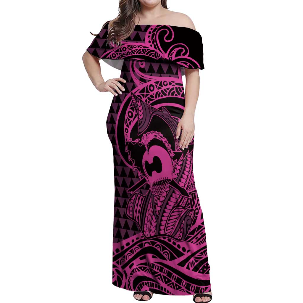 Koa Ikaika Warrior Helmet with Shark Off Shoulder Maxi Dress Pink Kakau Style
