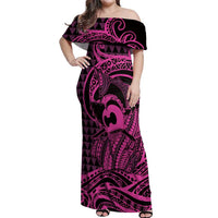 Koa Ikaika Warrior Helmet with Shark Off Shoulder Maxi Dress Pink Kakau Style LT9 Women Pink - Polynesian Pride