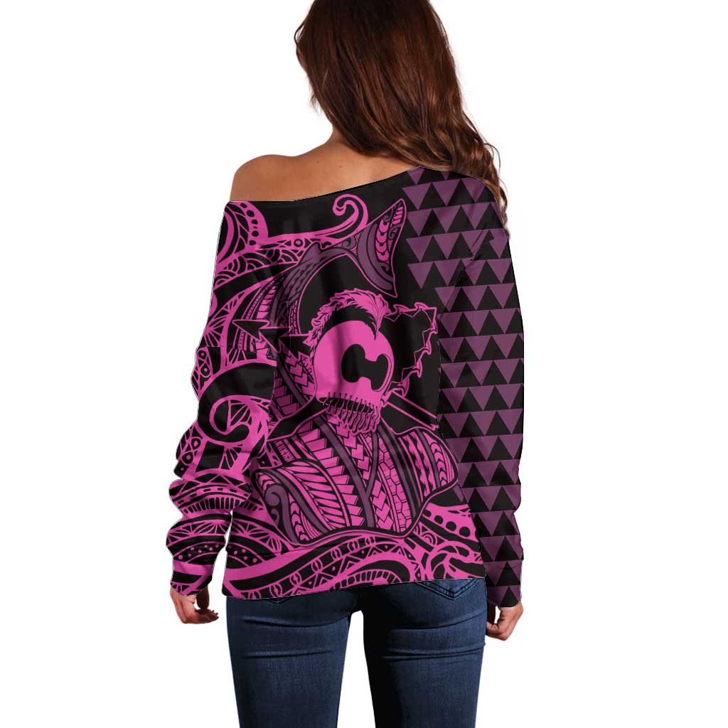 Koa Ikaika Warrior Helmet with Shark Off Shoulder Sweater Pink Kakau Style