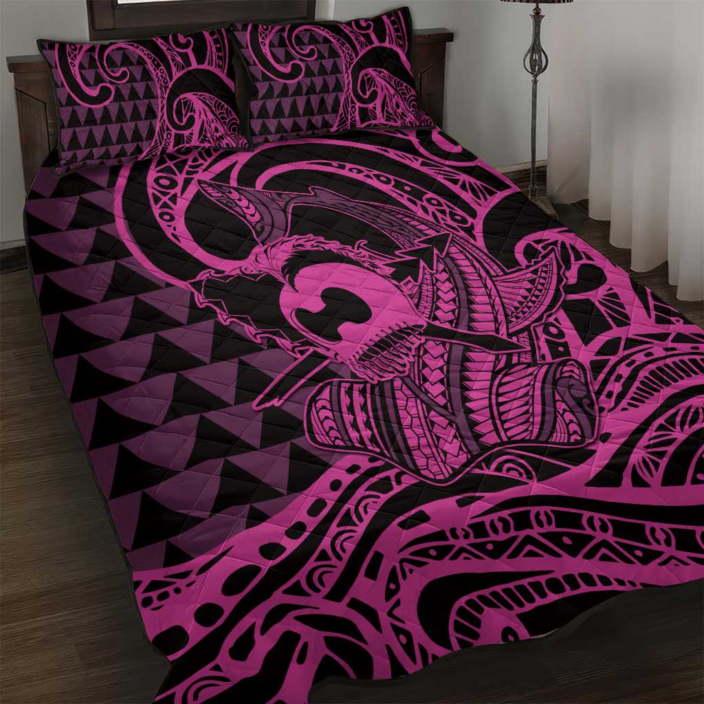 Koa Ikaika Warrior Helmet with Shark Quilt Bed Set Pink Kakau Style