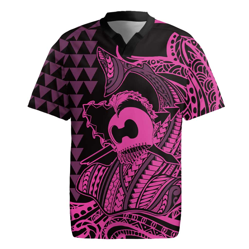 Koa Ikaika Warrior Helmet with Shark Rugby Jersey Pink Kakau Style