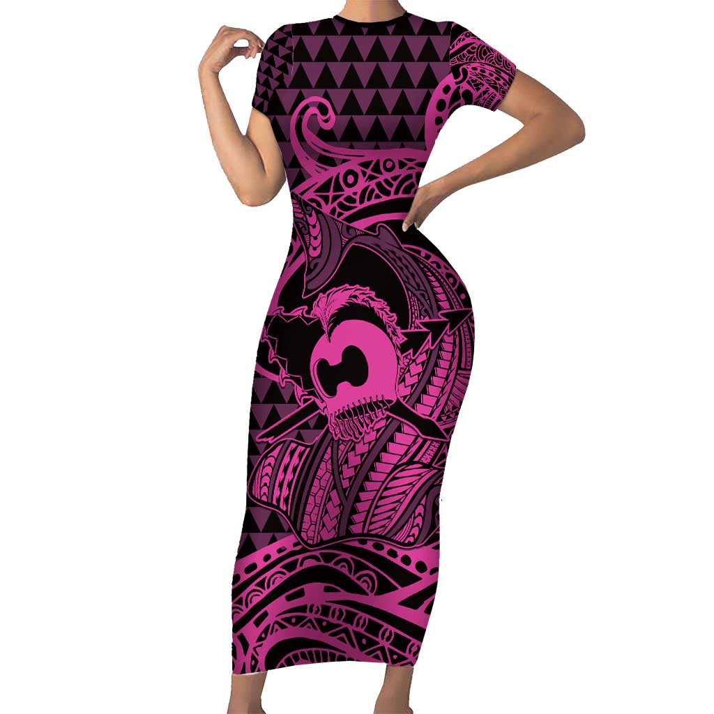 Koa Ikaika Warrior Helmet with Shark Short Sleeve Bodycon Dress Pink Kakau Style