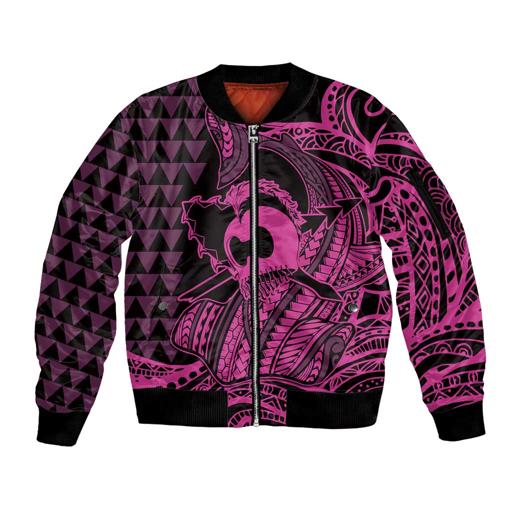 Koa Ikaika Warrior Helmet with Shark Sleeve Zip Bomber Jacket Pink Kakau Style LT9 Unisex Pink - Polynesian Pride