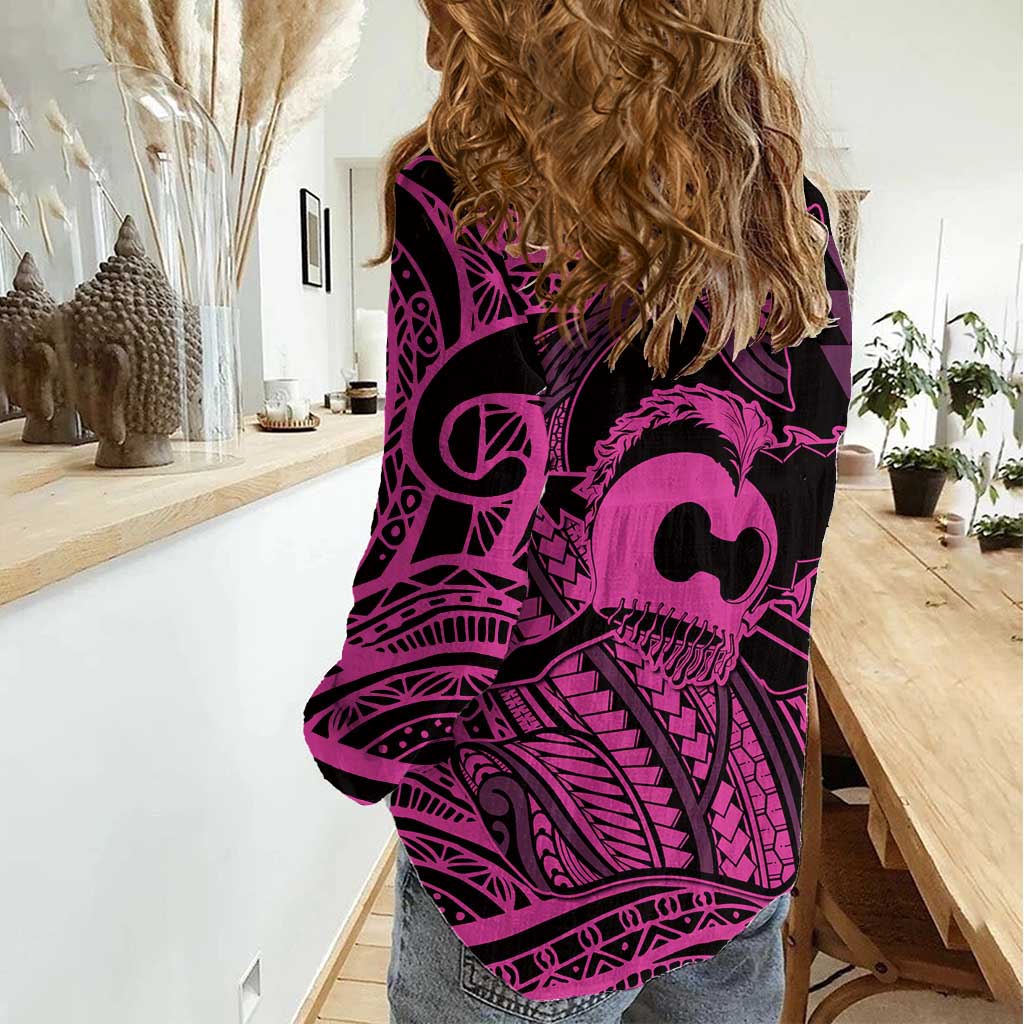 Koa Ikaika Warrior Helmet with Shark Women Casual Shirt Pink Kakau Style