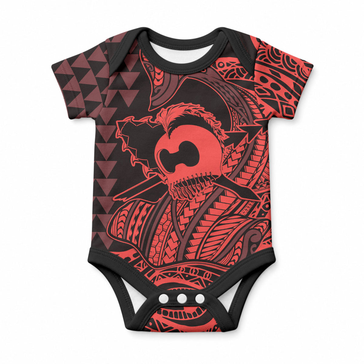 Koa Ikaika Warrior Helmet with Shark Baby Onesie Red Kakau Style LT9 Red - Polynesian Pride