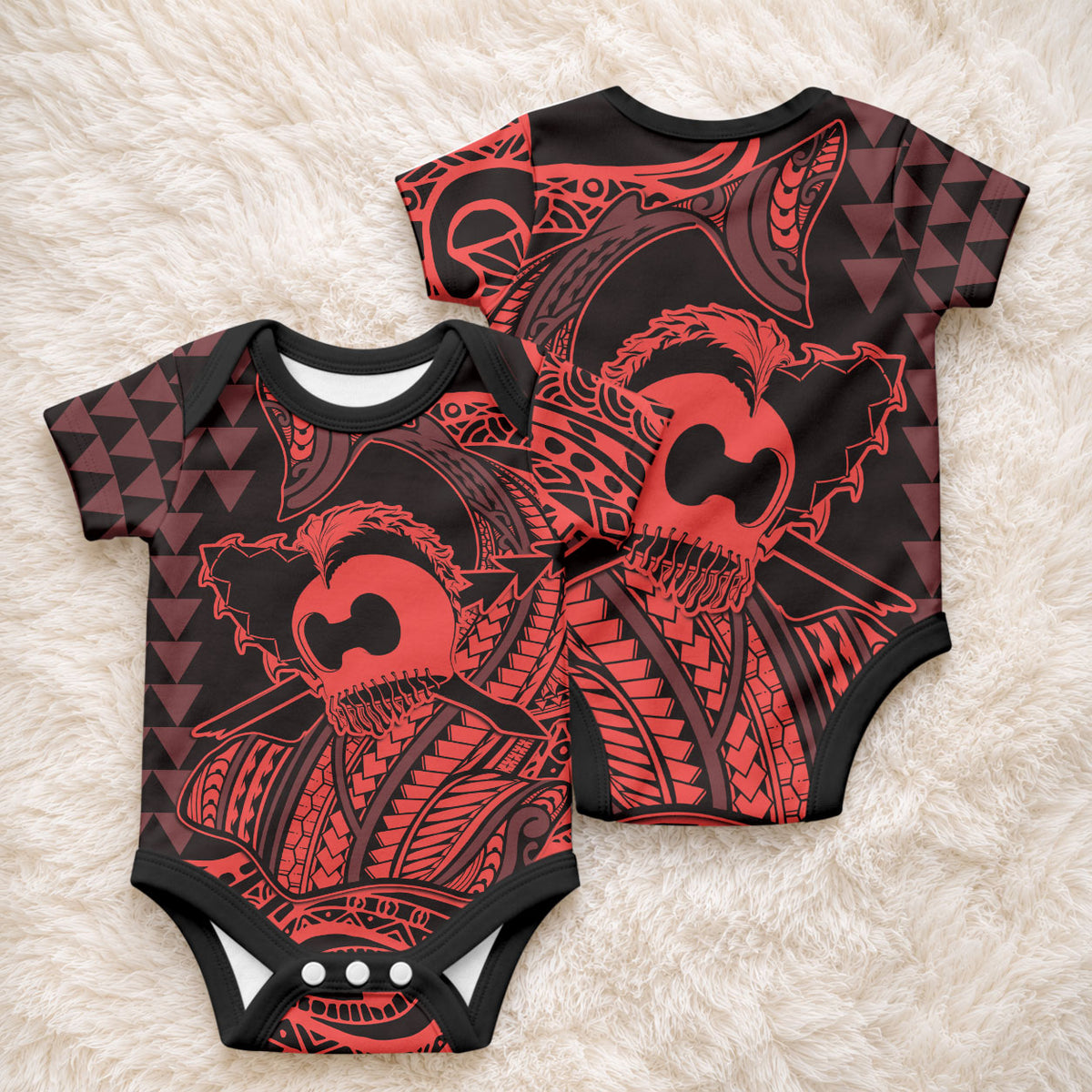 Koa Ikaika Warrior Helmet with Shark Baby Onesie Red Kakau Style LT9 - Polynesian Pride