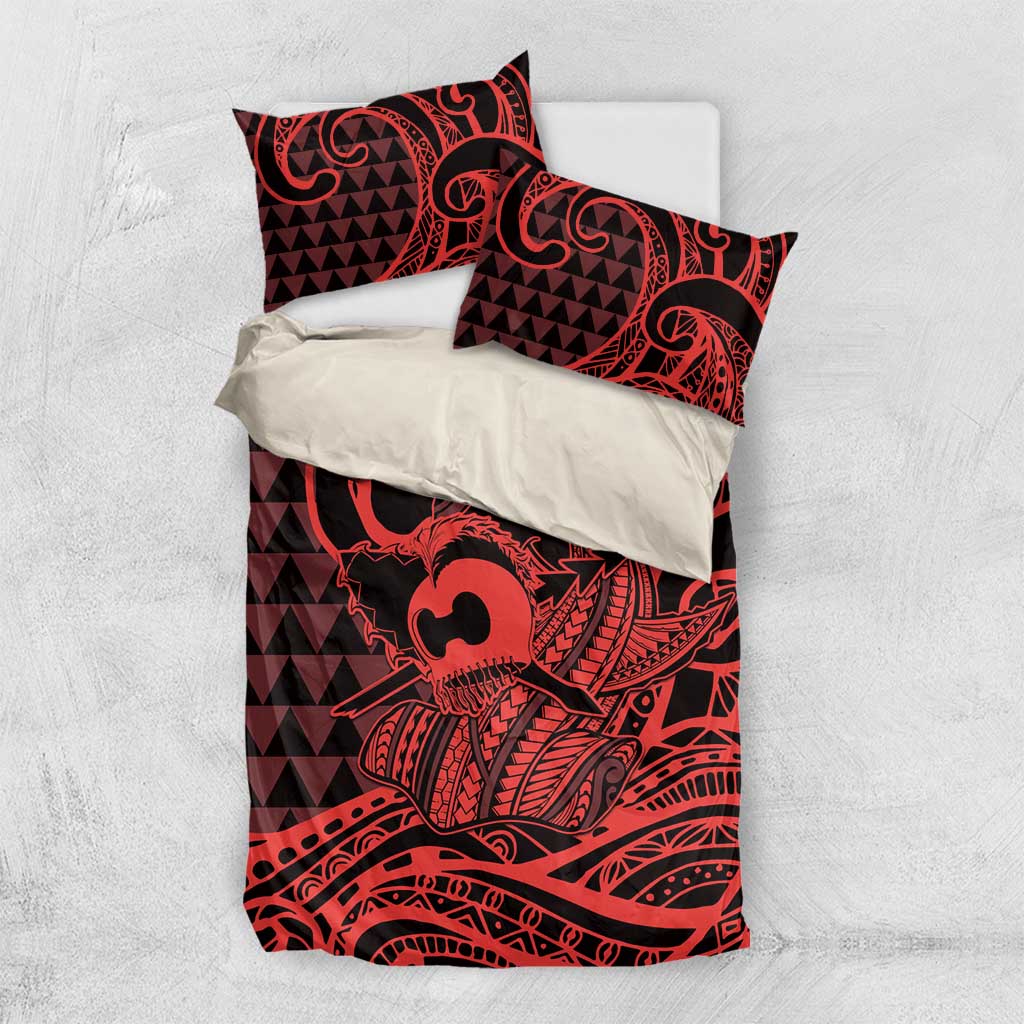Koa Ikaika Warrior Helmet with Shark Bedding Set Red Kakau Style LT9 US Twin 172cm x 218cm Red - Polynesian Pride