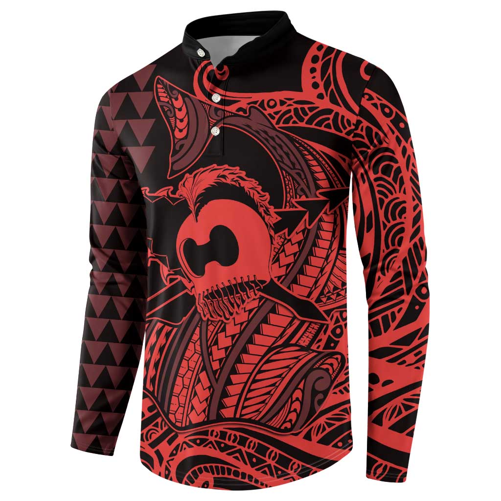 Koa Ikaika Warrior Helmet with Shark Button Sweatshirt Red Kakau Style
