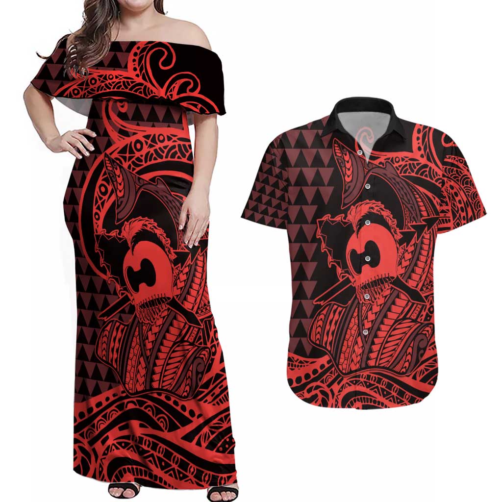 Koa Ikaika Warrior Helmet with Shark Couples Matching Off Shoulder Maxi Dress and Hawaiian Shirt Red Kakau Style