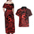 Koa Ikaika Warrior Helmet with Shark Couples Matching Off Shoulder Maxi Dress and Hawaiian Shirt Red Kakau Style