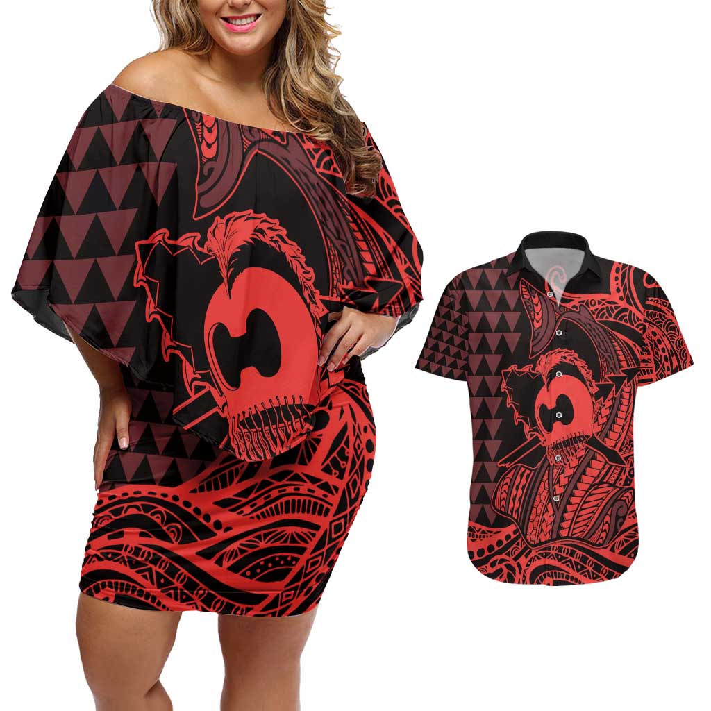 Koa Ikaika Warrior Helmet with Shark Couples Matching Off Shoulder Short Dress and Hawaiian Shirt Red Kakau Style