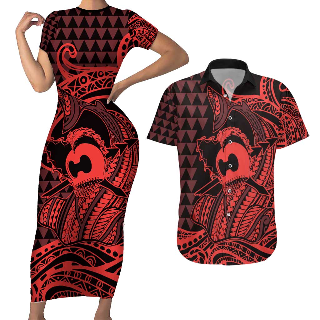 Koa Ikaika Warrior Helmet with Shark Couples Matching Short Sleeve Bodycon Dress and Hawaiian Shirt Red Kakau Style