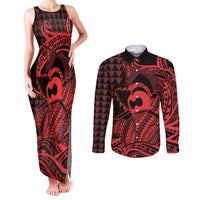 Koa Ikaika Warrior Helmet with Shark Couples Matching Tank Maxi Dress and Long Sleeve Button Shirt Red Kakau Style LT9 Red - Polynesian Pride