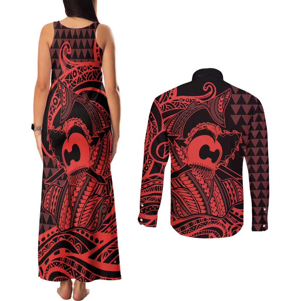 Koa Ikaika Warrior Helmet with Shark Couples Matching Tank Maxi Dress and Long Sleeve Button Shirt Red Kakau Style LT9 - Polynesian Pride