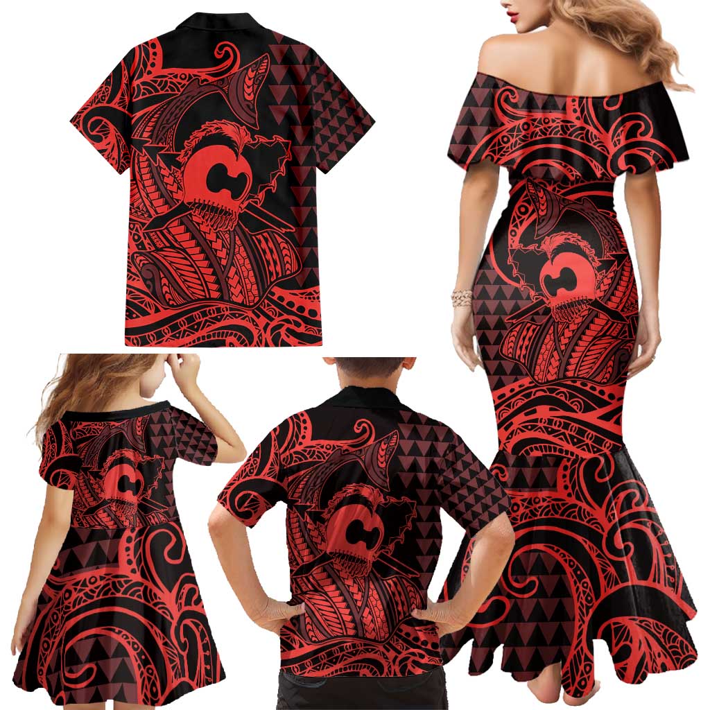 Koa Ikaika Warrior Helmet with Shark Family Matching Mermaid Dress and Hawaiian Shirt Red Kakau Style