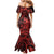 Koa Ikaika Warrior Helmet with Shark Family Matching Mermaid Dress and Hawaiian Shirt Red Kakau Style