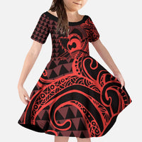 Koa Ikaika Warrior Helmet with Shark Family Matching Off The Shoulder Long Sleeve Dress and Hawaiian Shirt Red Kakau Style LT9 Daughter's Dress Red - Polynesian Pride