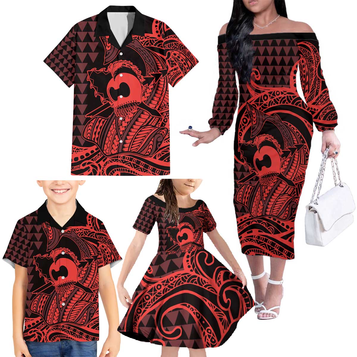 Koa Ikaika Warrior Helmet with Shark Family Matching Off The Shoulder Long Sleeve Dress and Hawaiian Shirt Red Kakau Style LT9 - Polynesian Pride