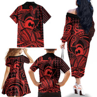 Koa Ikaika Warrior Helmet with Shark Family Matching Off The Shoulder Long Sleeve Dress and Hawaiian Shirt Red Kakau Style LT9 - Polynesian Pride