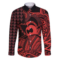 Koa Ikaika Warrior Helmet with Shark Family Matching Off The Shoulder Long Sleeve Dress and Hawaiian Shirt Red Kakau Style LT9 Dad's Shirt - Long Sleeve Red - Polynesian Pride